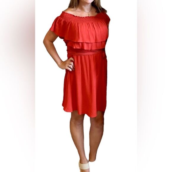 Lovers + Friends Orange Ruffle Dress Off The Shoulder Tie Waist Size Medium - Picture 1 of 9